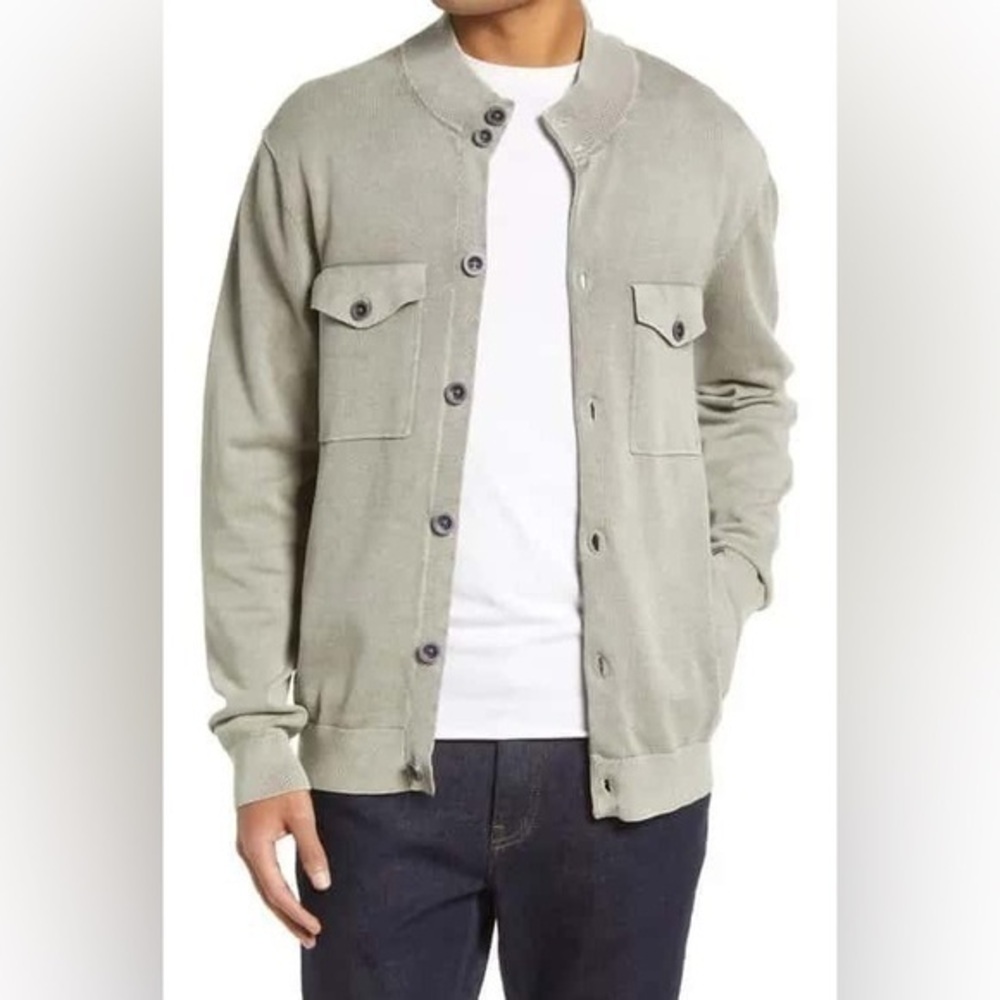 ROBERT BARAKETT | Loki Mock Neck Cotton Cardigan - Grey/Sage sz Large